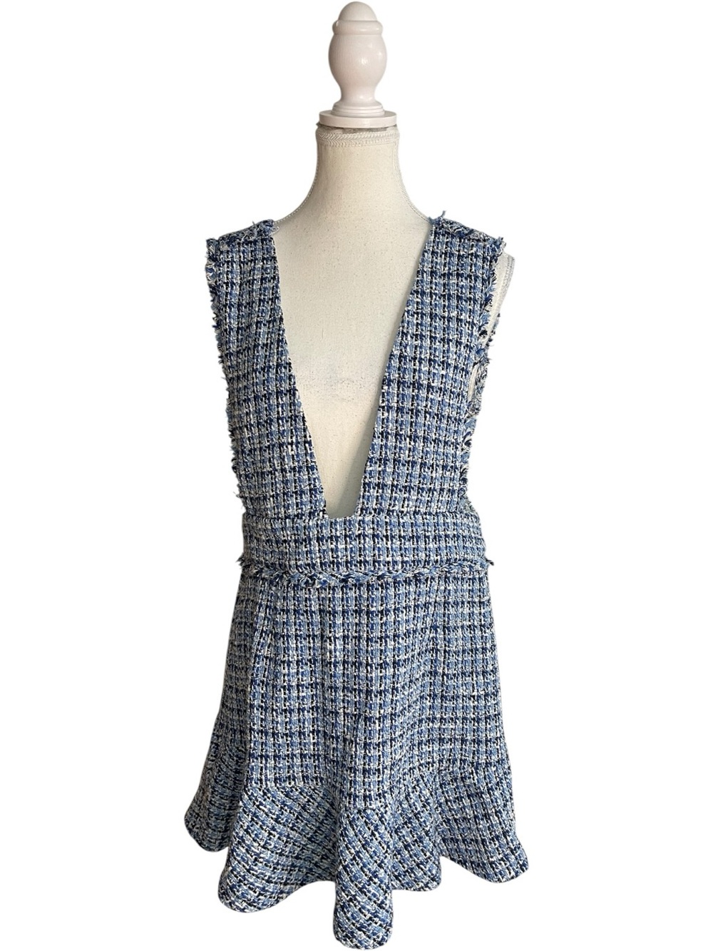 Zara Textured Tweed V-Neck Pinafore Dress Blue